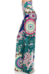 Niobe Clothing High Waist Fold Over Wide Leg Gaucho Palazzo Pants (Jade Multicolor) - pants
