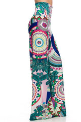 Niobe Clothing High Waist Fold Over Wide Leg Gaucho Palazzo Pants (Jade Multicolor) - pants