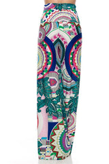 Niobe Clothing High Waist Fold Over Wide Leg Gaucho Palazzo Pants (Jade Multicolor) - pants