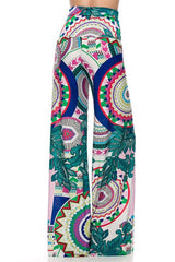 Niobe Clothing High Waist Fold Over Wide Leg Gaucho Palazzo Pants (Jade Multicolor) - pants