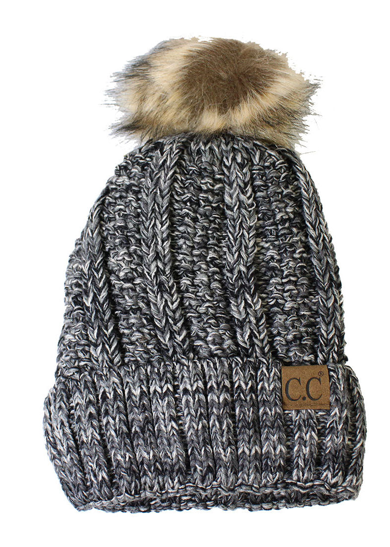 Faux-Fur Pom Fleece-Lined Knit Beanie