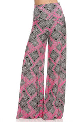 Niobe Clothing High Waist Fold Over Wide Leg Palazzo Pants (Pink Diamonds) - pants
