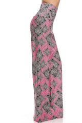 Niobe Clothing High Waist Fold Over Wide Leg Palazzo Pants (Pink Diamonds) - pants
