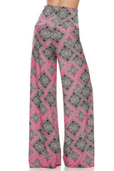 Niobe Clothing High Waist Fold Over Wide Leg Palazzo Pants (Pink Diamonds) - pants