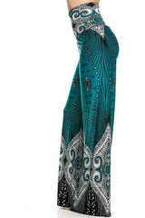 Niobe Clothing High Waist Fold Over Wide Leg Gaucho Palazzo Pants (Teal) - pants