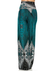 Niobe Clothing High Waist Fold Over Wide Leg Gaucho Palazzo Pants (Teal) - pants