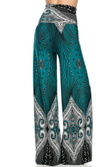 Niobe Clothing High Waisted Fold Over Wide Leg Gaucho Palazzo Pants (Teal) - pants