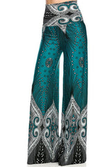 Niobe Clothing High Waisted Fold Over Wide Leg Gaucho Palazzo Pants (Teal) - pants