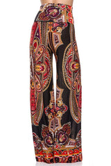 Niobe Clothing High Waist Fold Over Wide Leg Gaucho Palazzo Pants (Red Multi) - pants
