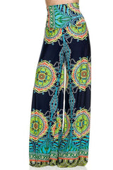 Niobe Clothing High Waist Fold Over Wide Leg Palazzo Pants (Navy Tribal) - pants