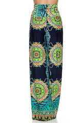 Niobe Clothing High Waist Fold Over Wide Leg Palazzo Pants (Navy Tribal) - pants