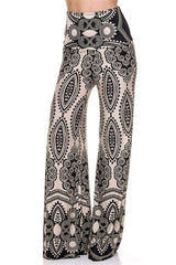 Niobe Clothing High Waist Foldover Boho Palazzo Pants (Black White Geo) - pants