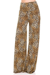 Niobe Clothing High Waist Fold Over Wide Leg Palazzo Pants (Leopard Print) - pants