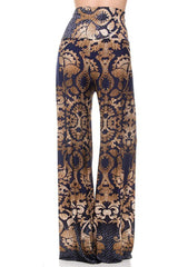 Niobe Clothing High Waist Foldover Boho Palazzo Pants (Navy & Gold) - pants