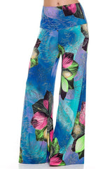 Niobe Clothing High Waist Fold Over Wide Leg Gaucho Palazzo Pants (Sea Bloom) - pants