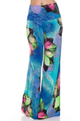 Niobe Clothing High Waist Fold Over Wide Leg Gaucho Palazzo Pants (Sea Bloom) - pants