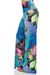 Niobe Clothing High Waist Fold Over Wide Leg Gaucho Palazzo Pants (Sea Bloom) - pants