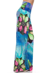 Niobe Clothing High Waist Fold Over Wide Leg Gaucho Palazzo Pants (Sea Bloom) - pants