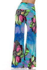 Niobe Clothing High Waist Fold Over Wide Leg Gaucho Palazzo Pants (Sea Bloom) - pants