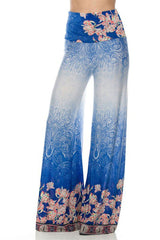 Niobe Clothing High Waist Fold Over Wide Leg Gaucho Palazzo Pants (White Royal) - pants
