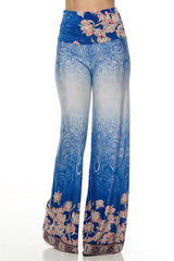 Niobe Clothing High Waist Fold Over Wide Leg Gaucho Palazzo Pants (White Royal) - pants