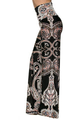 Niobe Clothing High Waist Fold Over Wide Leg Gaucho Palazzo Pants (Black Pink Paisley) - pants