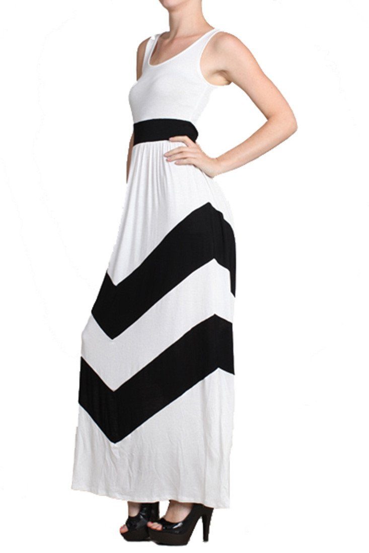 Niobe Clothing Sleeveless White Scoop Neck Chevron Striped Maxi Dress - f_dresses