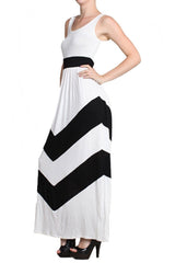 Sleeveless White Scoop Neck Chevron Striped Maxi Dress dress- Niobe Clothing