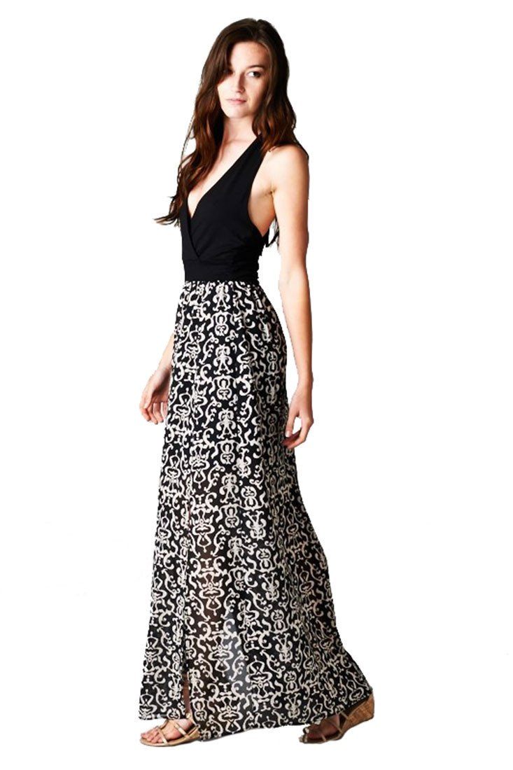 Niobe Clothing Halter Top Baroque Damask Print Black White Maxi Dress w/ Side Slit - Dresses f_dresses