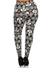 Black White Skull Design Plus Size Leggings leggings- Niobe Clothing