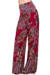 Niobe Clothing High Waist Foldover Boho Palazzo Pants (Burgundy Leopard) - pants