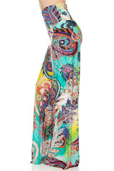 Niobe Clothing High Waist Fold Over Wide Leg Gaucho Palazzo Pants (Turquoise Multi Paisley) - pants