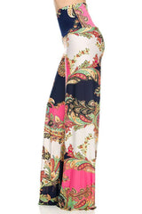 Niobe Clothing High Waist Fold Over Wide Leg Gaucho Palazzo Pants (Pink Paisley) - pants