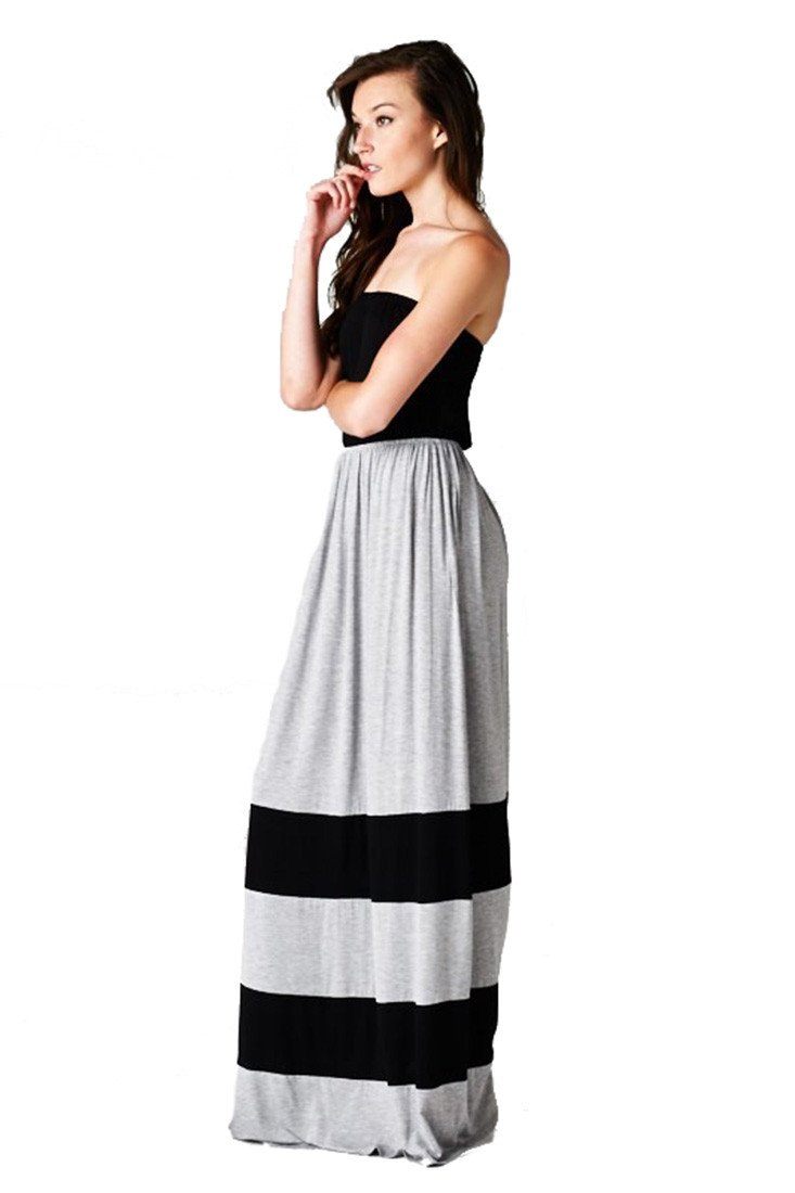 Niobe Clothing Strapless Colorblock Black Grey Tube Top Maxi Dress - f_dresses