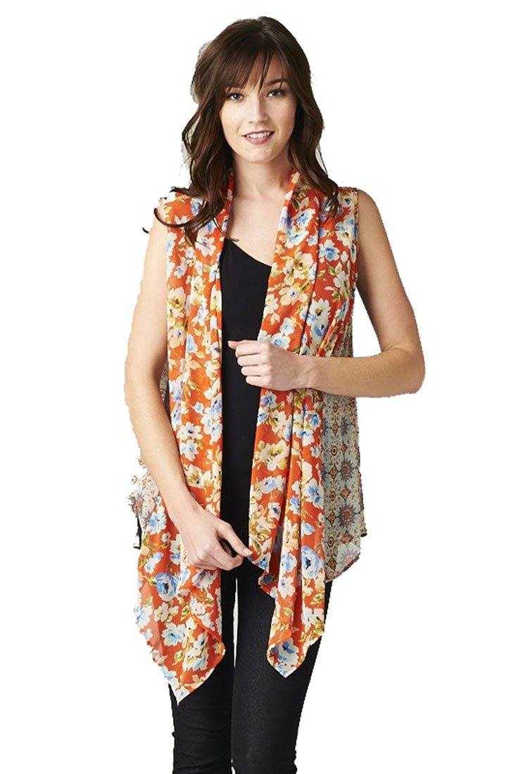 Niobe Clothing Floral Medallion Orange Multi Color Chiffon Sleeveless Top Blouse - f_outerwear
