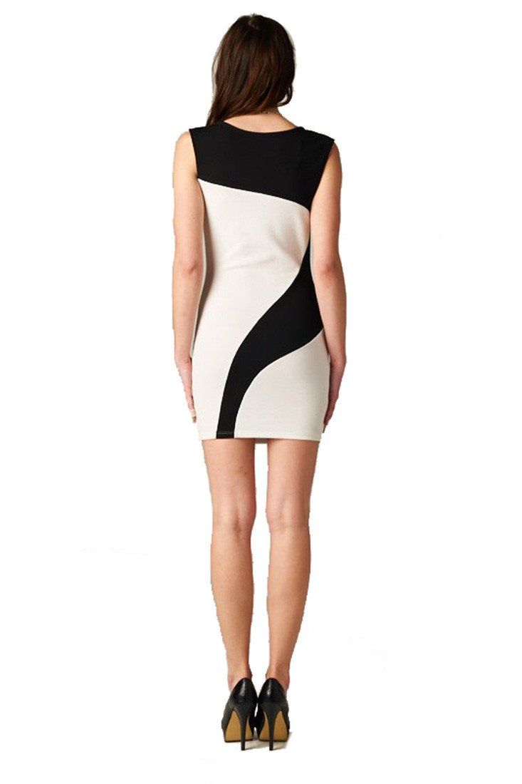 Black White Color Contrast Bodycon Cocktail Dress w/ Necklace dress- Niobe Clothing