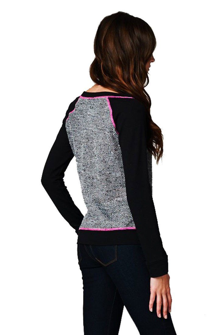 Niobe Clothing French Terry Long Sleeve Neon Accent Shirt Top (Black) - Tops