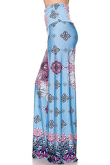 Niobe Clothing High Waist Fold Over Wide Leg Gaucho Palazzo Pants (Bluewater Symmetry) - pants