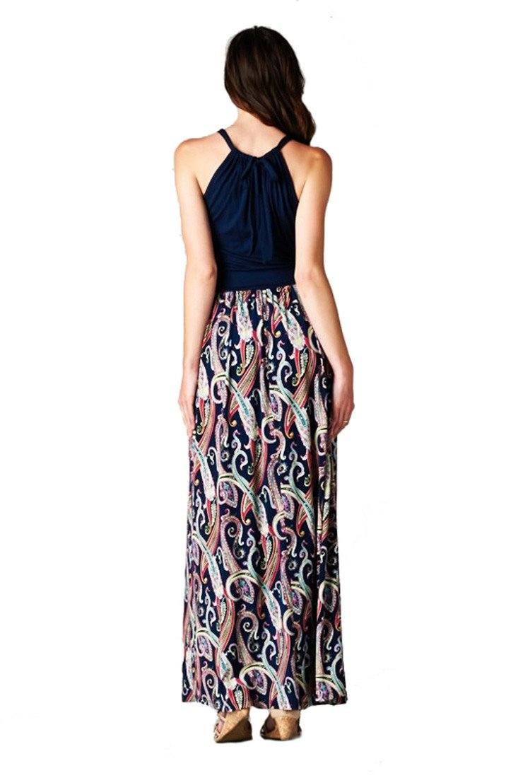 Niobe Clothing Multi Color Paisley Floral Sleeveless Halter Style Maxi Dress - f_dresses