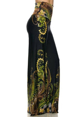 Niobe Clothing High Waist Fold Over Wide Leg Gaucho Palazzo Pants (Emerald Floral) - pants
