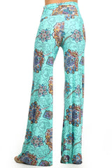 Niobe Clothing High Waist Fold Over Wide Leg Gaucho Palazzo Pants (Mint Paisley) - pants
