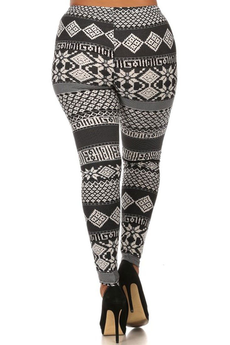 Black White Mistletoe Design Plus Size Leggings leggings- Niobe Clothing