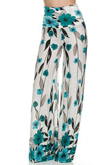 Niobe Clothing High Waisted Fold Over Wide Leg Gaucho Palazzo Pants (White/Teal) - pants