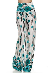 Niobe Clothing High Waisted Fold Over Wide Leg Gaucho Palazzo Pants (White/Teal) - pants