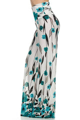 Niobe Clothing High Waisted Fold Over Wide Leg Gaucho Palazzo Pants (White/Teal) - pants