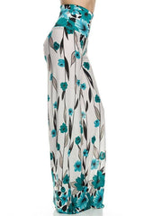 Niobe Clothing High Waisted Fold Over Wide Leg Gaucho Palazzo Pants (White/Teal) - pants