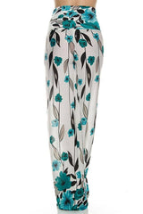 Niobe Clothing High Waisted Fold Over Wide Leg Gaucho Palazzo Pants (White/Teal) - pants