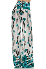 Niobe Clothing High Waisted Fold Over Wide Leg Gaucho Palazzo Pants (White/Teal) - pants