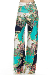 Niobe Clothing High Waist Fold Over Wide Leg Gaucho Palazzo Pants (Mint Paisley) - pants