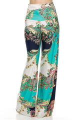 Niobe Clothing High Waist Fold Over Wide Leg Gaucho Palazzo Pants (Mint Paisley) - pants